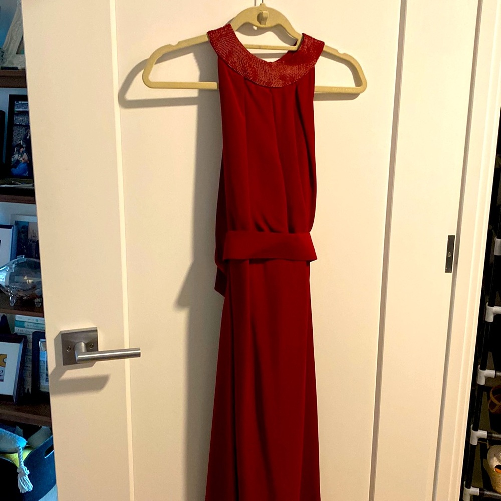 Red silk evening gown